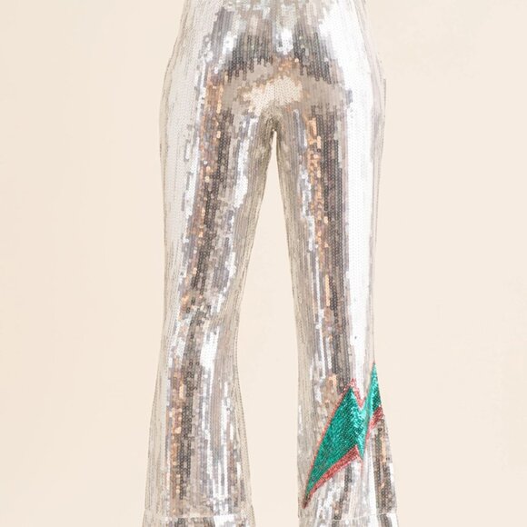 Green and Silver Flare Pants with Boot Cut Design - Picture 3 of 8